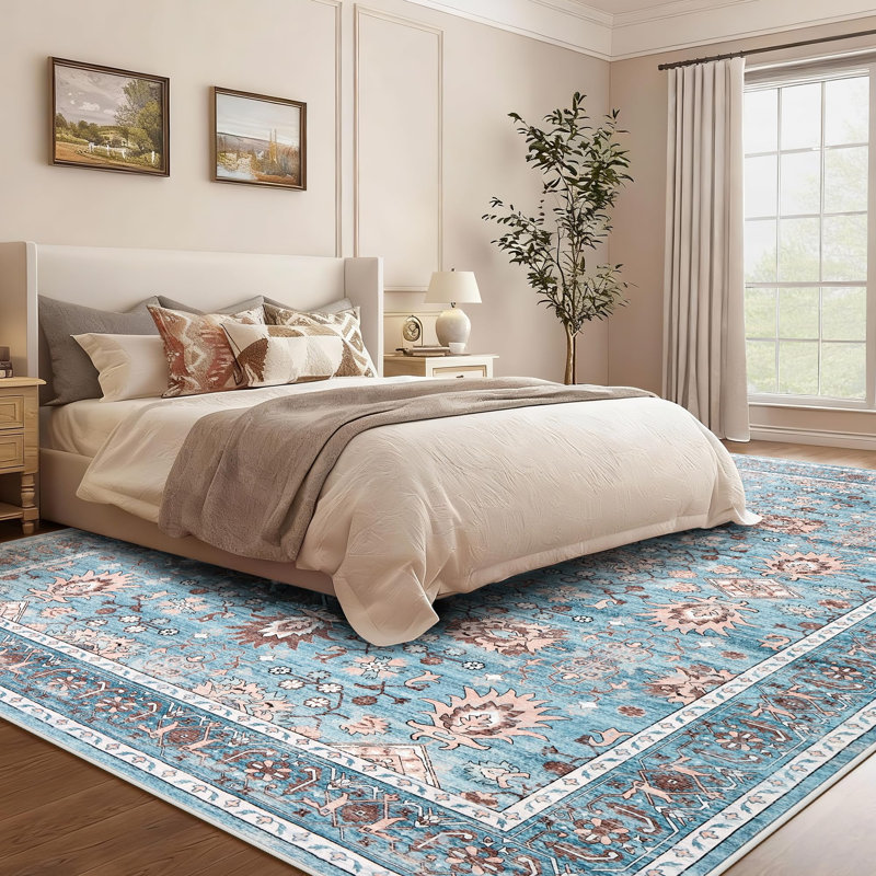9x12 Area Rug for Living Room, Washable Vintage Printed Soft Rugs, Non Slip Low Pile Carpet for Bedroom, Dining Room, Living Room, Blue