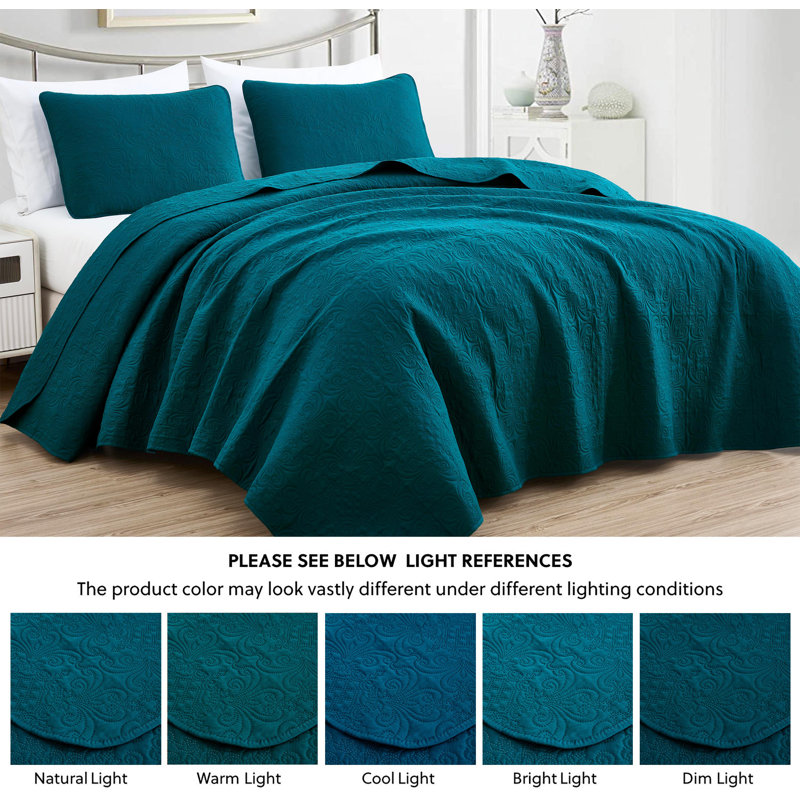 Luca 3-Piece Lightweight Microfiber Oversized Bedspread Set, King Coverlet/Bedspread + 2 King Shams, Teal