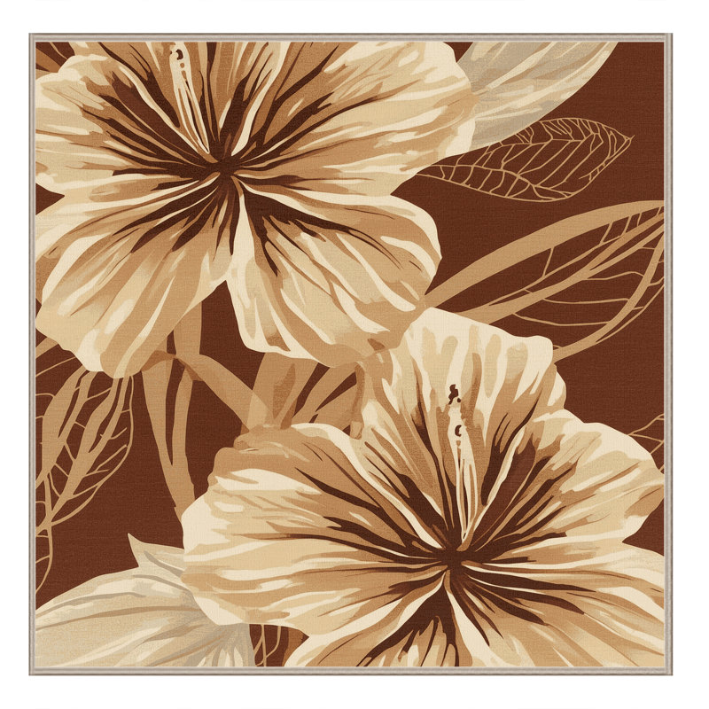Machine Washable Oyan Hibiscus Tropical Floral Rug in Brown – Beige Binding, 6' Square