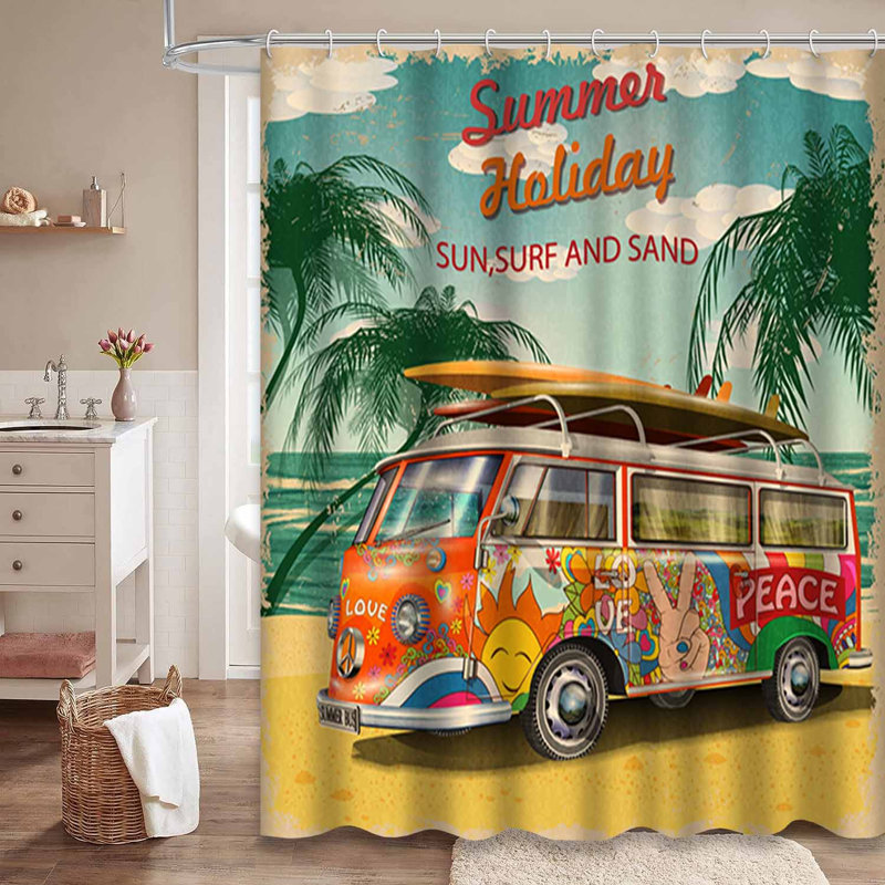 Rideau de douche imperméable rétro Surf Beach Travel Retro Camper avec 12 crochets, L 72 po x l 72 po