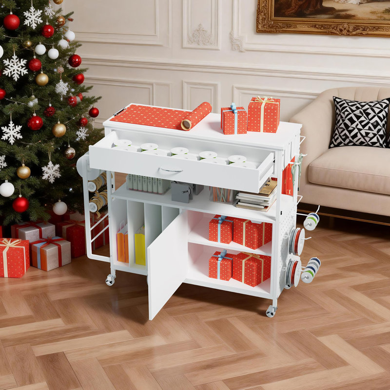 Three-Level Height Adjustable Gift Wrapping Storage Cart with Lockable Wheels, Rolling Utility Organizer for Craft Paper, Ribbon, Gift Boxes, Scissors & Tape – Ideal for Home Studio, Office, or Retail Packaging Station, White