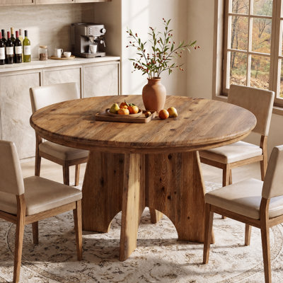Table de salle à manger ronde en bois massif 47 po, table de ferme rustique pour 4 à 6 personnes, table en bois massif brun naturel avec base unique