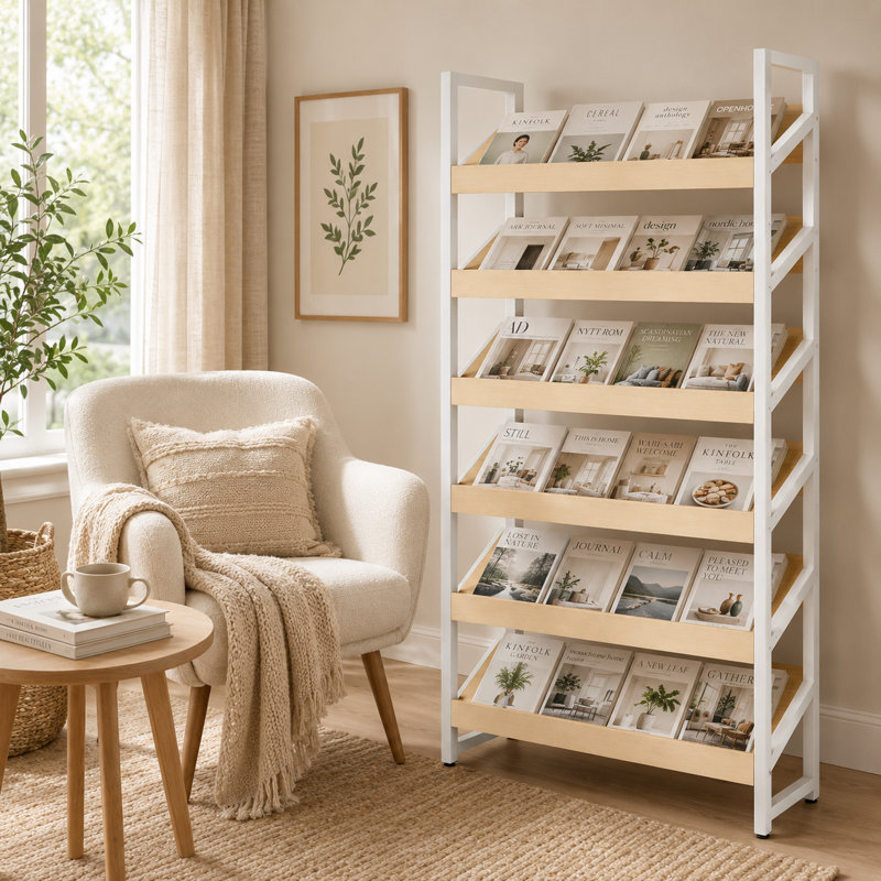 71-inch white 6-layer metal and wooden magazine display stand, suitable for bedrooms, living rooms, and study rooms., White