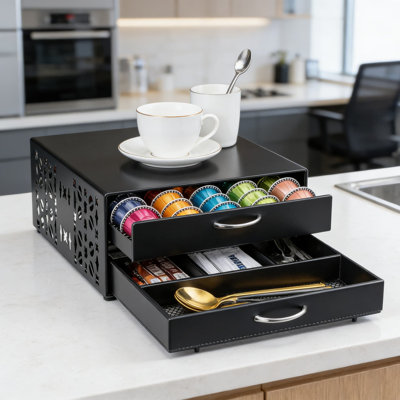Flagship Vertuo Pod Holder And Coffee Station Organizer With Large Capacity Drawer For All Nespresso Capsules And Coffee Accessories