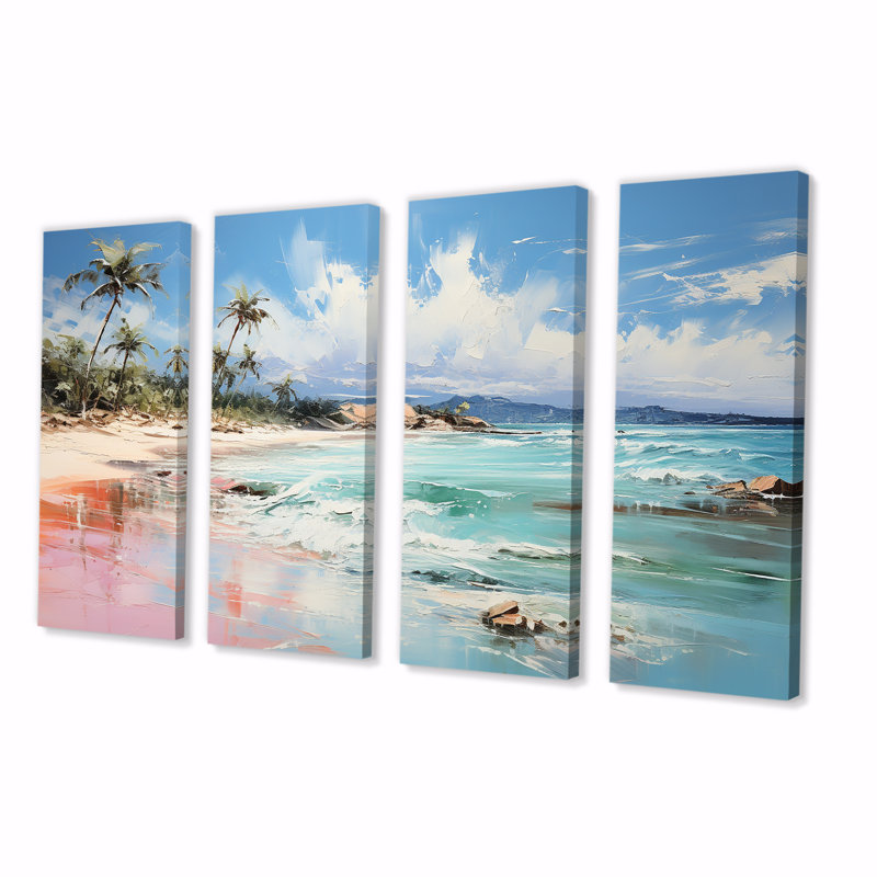 «Green Tropical Beach Escape III - Coastal Tropical», ensemble d'art mural 4 pièces, H 32 po x l 64 po