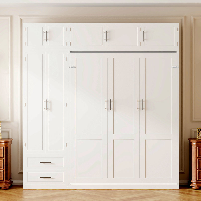 Grand lit escamotable mural avec armoire supérieure, tablettes et garde-robe, lit pliant peu encombrant, Blanc