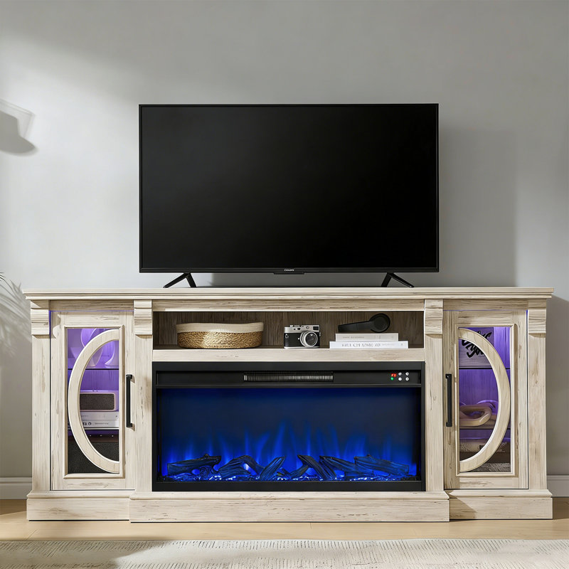 Crescent 80 Inch TV Fireplace Stand, 36" Electric Fireplace Farmhouse LED Entertainment Unit With Glass Door - Antique Brush White