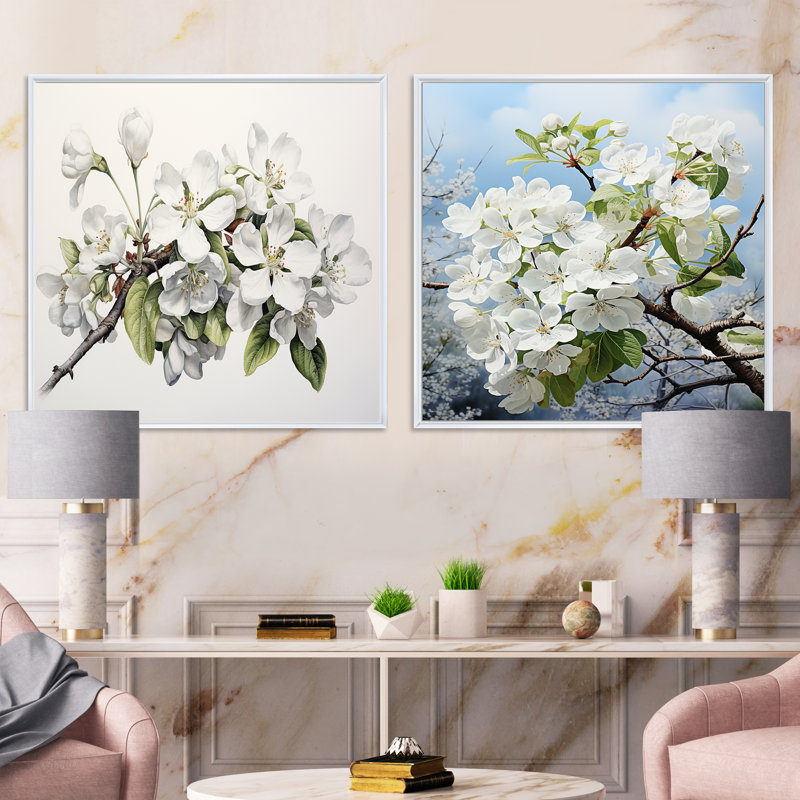 Fleur de pommier monochromatique Elegance I - ensemble de 2 collages carrés floraux, H 16 po x l 33 po, Cadre flottant blanc