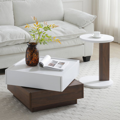 2 Coffee Table With Rotating Top And Hidden Storage In White & Walnut Square 2 Drawers Compartments -
