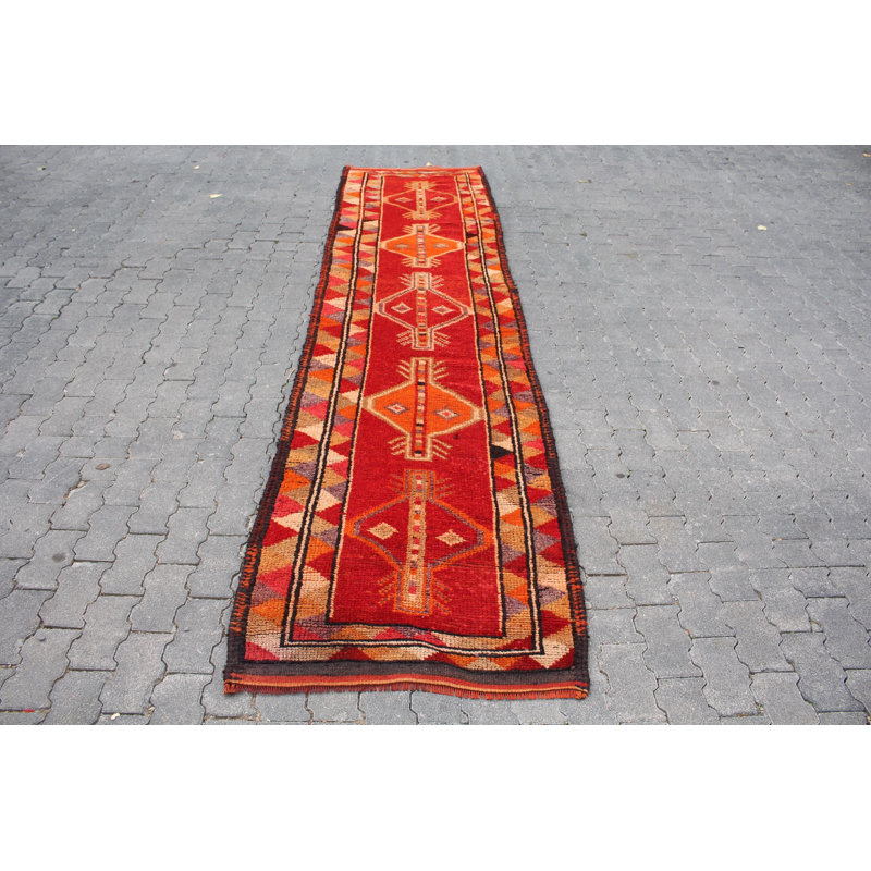Tapis turc authentique en laine Herki - Tapis rouge de style rétro pour les couloirs et les couloirs