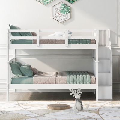 Lit superposé double avec escalier avec rangement et garde-corps pour chambre à coucher, dortoir