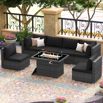 7-Piece Outdoor Furniture Set with Fire Pit Patio Wicker Conversation Set Cushions