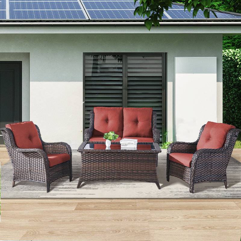Lequentin Wicker 4 - Person Patio Conversation Set with Cushions, Brown