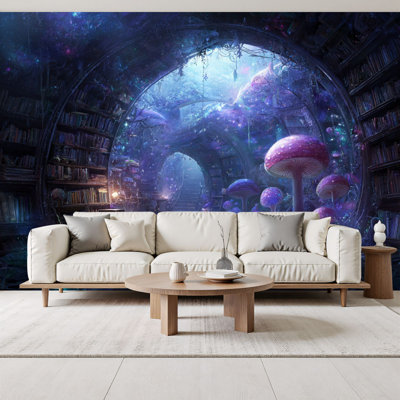 Papier peint adhésif Peel and Stick Magical Forest Library Under Galaxy Sky Illuminated Pathway