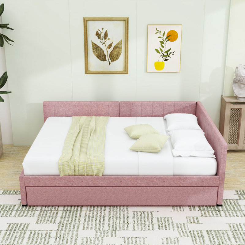 Yasmir Upholstered Sofa Daybed with Trundle, Pink, Full