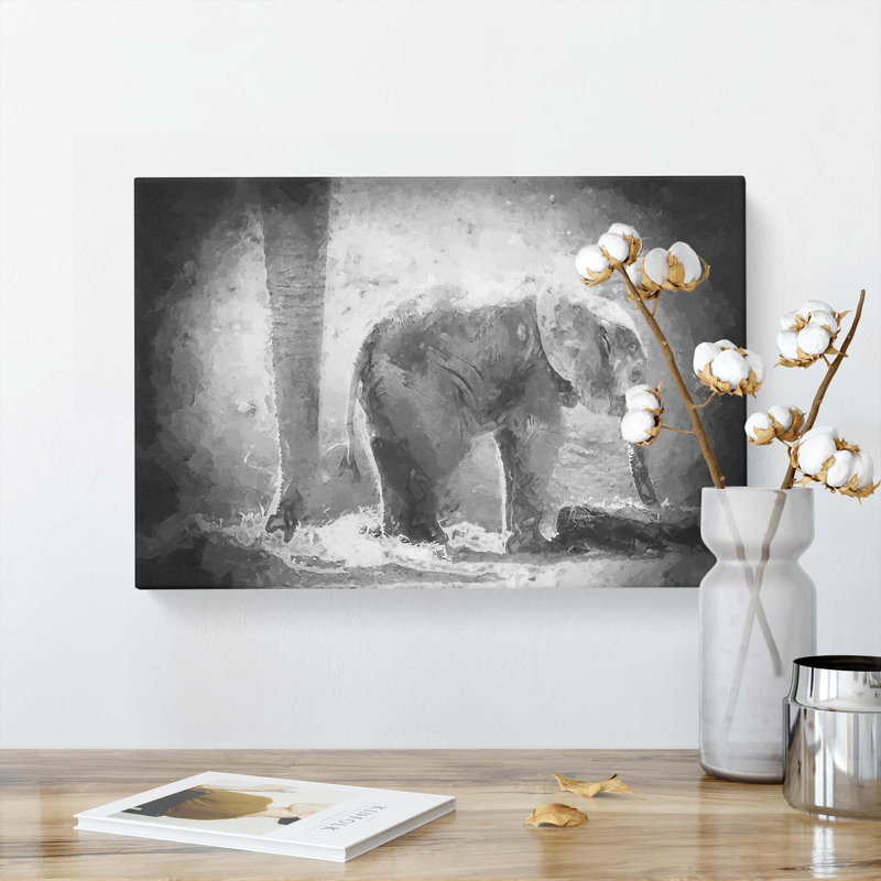 Mother & Baby Elephant Together In Abstract - Wrapped Canvas, 35cm H x 50cm W x 3cm D