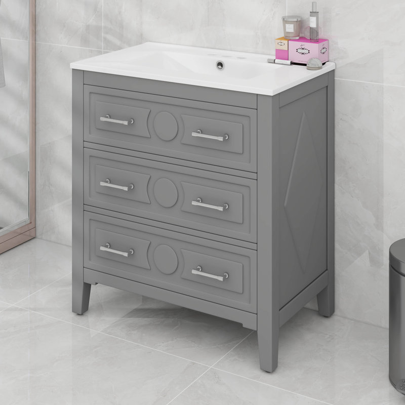 Ensemble de meuble-lavabo simple 30 po avec lavabo en céramique 30 po et 3 tiroirs, Gris