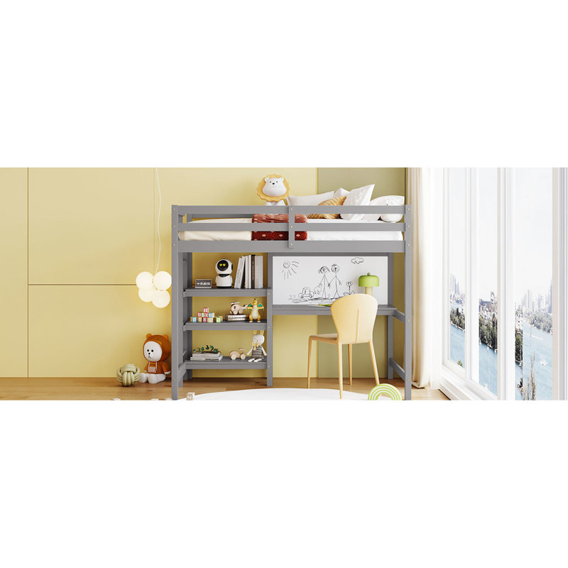 Lit mezzanine simple en bois avec tablettes, bureau, tableau d'écriture - ornement gris 3 po, Lit simple, Gris