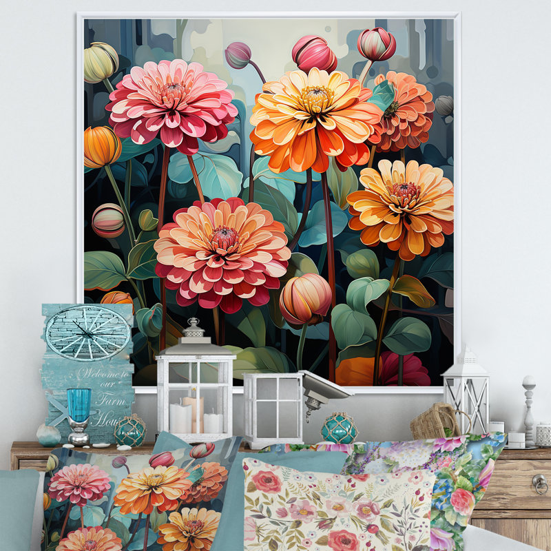 "Binn Zinnias fleurs" - impression sur toile Zinnias, Cadre flottant blanc, H 24 po x l 24 po x P 1 po