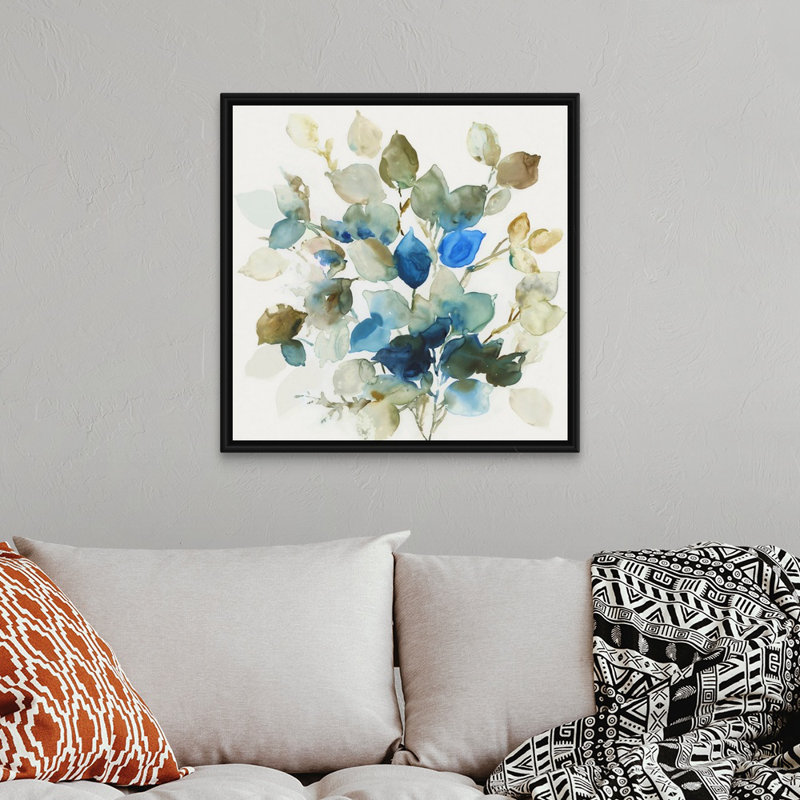 «Blue Leaves II» par Asia Jensen, reproduction d'art sur toile, H 32 po x l 32 po x P 1,75 po, Cadre flottant blanc