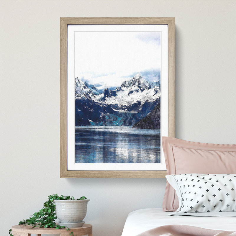 Snow Covered Mountains in Juneau Alaska - Picture Frame Painting Print, 45cm H x 33cm W x 2cm D, Oak Framed