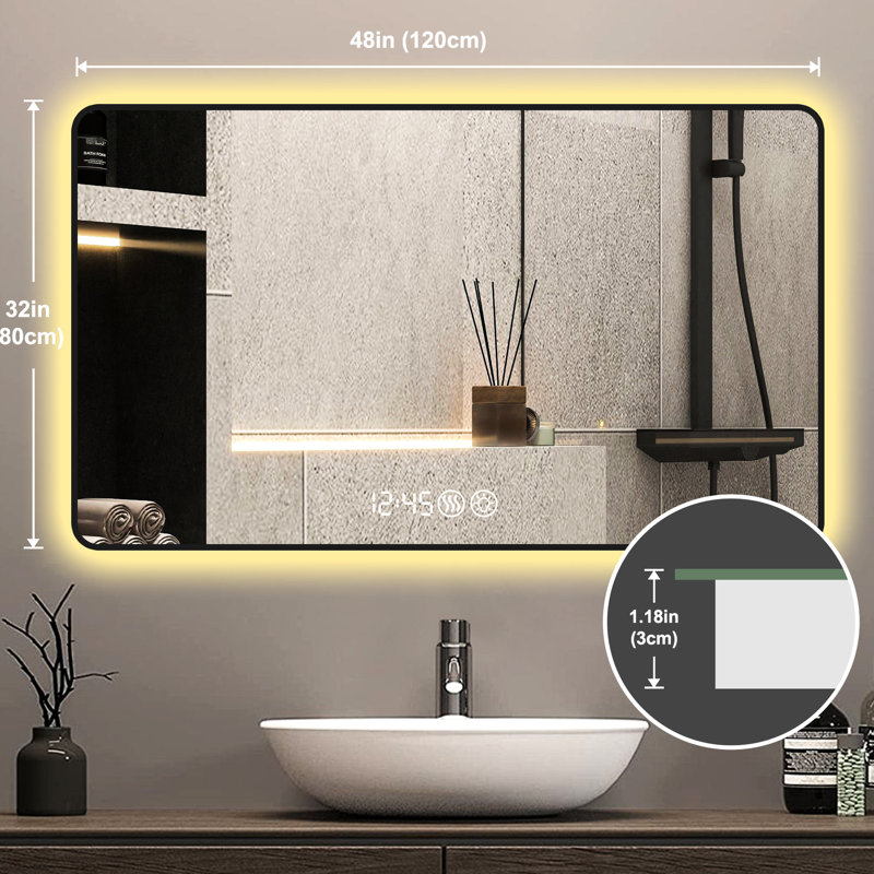 Miroir mural 39,45 x 29,25 pouces, coins arrondis, affichage de la température, éclairage tricolore et désembuage pour salle de bain