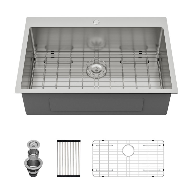 33" L x 22" W Drop-In Kitchen Sink 16 Gauge Stainless Steel Topmount Deep Single Bowl Kitchen Sink, 33" L x 22" W