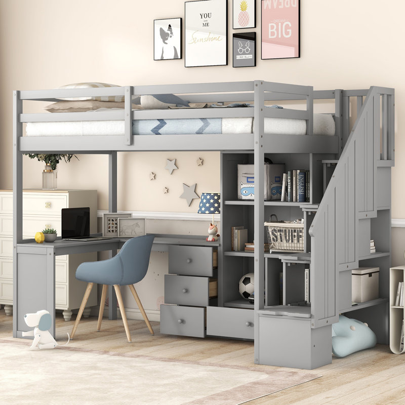 Lit mezzanine simple avec bureau en L et tiroirs, armoire et escalier de rangement, gris
