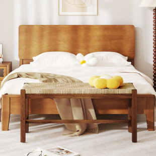 40" Rubber Wood Bench with Hand-Woven Seagrass Seat & H-Frame, 350 lb Capacity