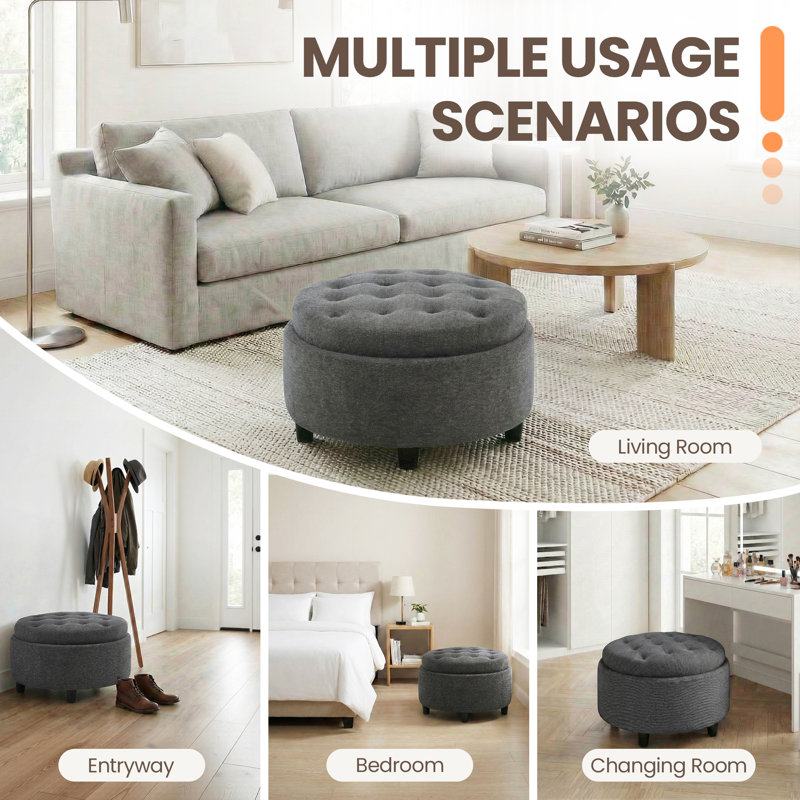 25'' Oversized Upholstered Round Storage Ottoman, Dark Gray