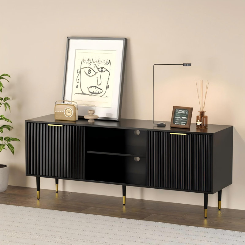 Modern Industrial TV Stand Media Console – Wood & Metal Frame, Open Storage & Cable Management, Black