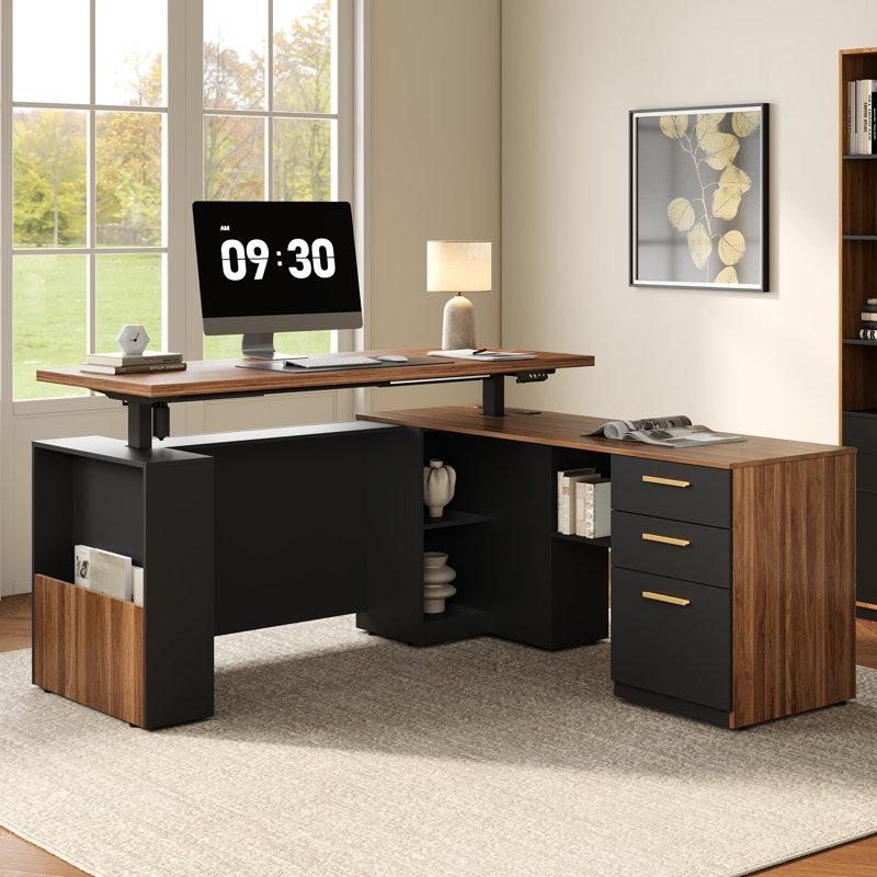 Adonia 63" W L-Shaped Electric Height Adjustable Standing Desk With 3 Drawers File Cabinet, Privacy Panel, AC/USB , Sit-Stand Home Office Corner Desk, Black Walnut