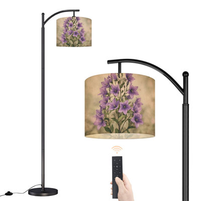 Lampe sur pied arc mauve à motif de pétales délicats botaniques, feuillage vert tendre avec télécommande, abat-jour à DEL, abat-jour réglables, grandes lampes pour la lecture, salon, bureau