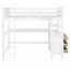 Lit mezzanine en bois avec bureau, tiroirs et tablettes de rangement-498424181