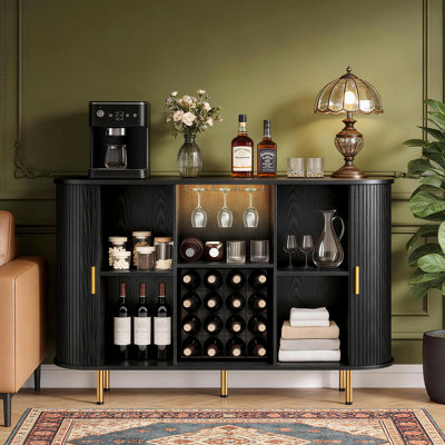 Armoire à vin 55 "avec lumières à DEL, support à vin et porte-verre Mid-Century