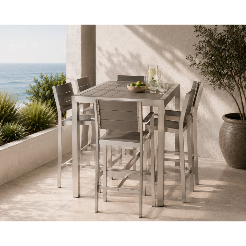 Betty 7-Piece Patio Bar Dining Set with Poly Resin Seating and Rust Free Aluminum Frame in Grey, Gray, Silver