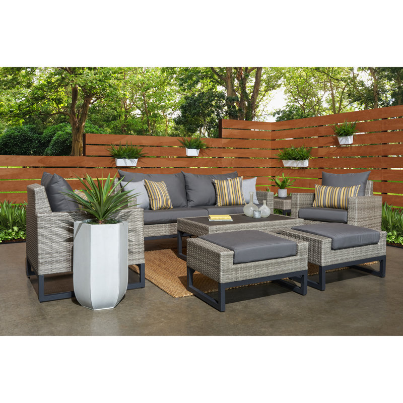 Sameko Amali 7 Piece Rattan Sofa Seating Group With Sunbrella Cushion Covers, Charcoal Grey Sunbrella®, Gray