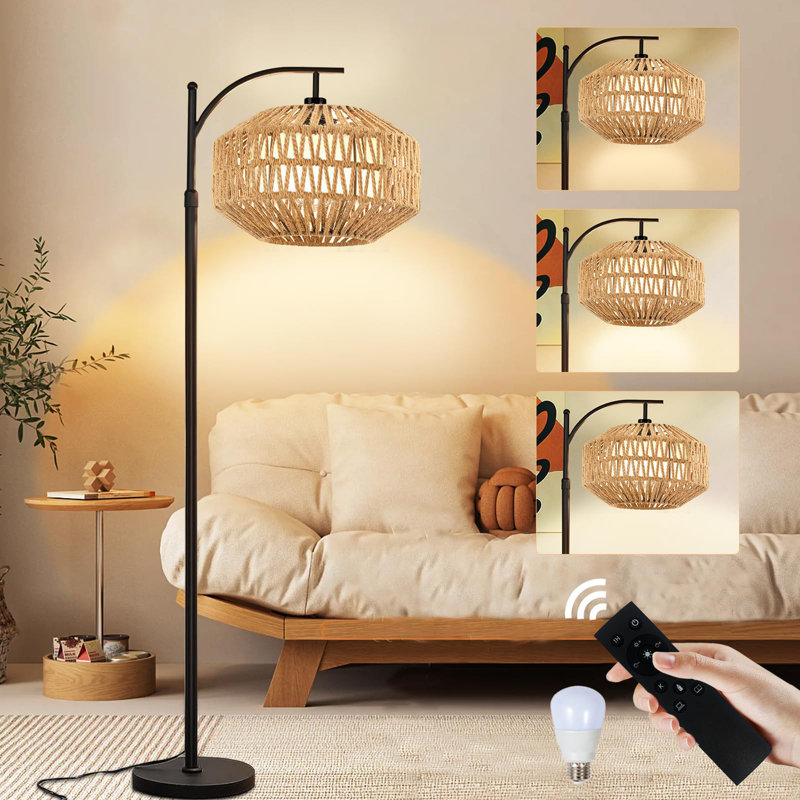 Boho 72'' Black Iron and Rattan Floor Lamp with Adjustable Height