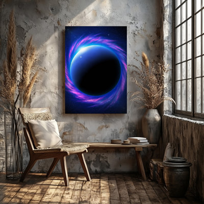 Toile, une scène cosmique envoûtante mettant en vedette une sphère céleste sombre entourée d'art par un halo vibrant de bleu électrique et d'art mural sur toile rayonnante