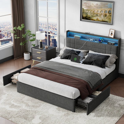 Queen Bed Frame with 4 Underbed Drawers and Open Storage Headboard, Upholstered Platform Bed with Adjustable LED Light and Charging Station, No Box Spring Needed,Beige