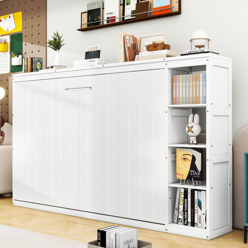 Lit escamotable en bois avec tablettes intégrées, Blanc, Double