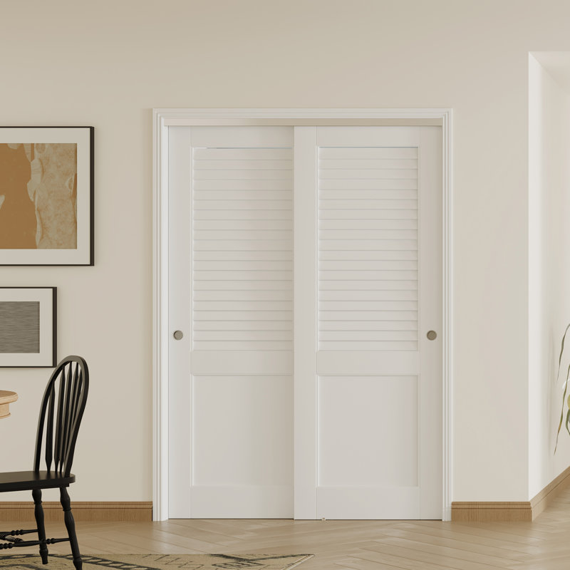 2 portes intérieures en panneau de fibres à densité moyenne avec quincaillerie en aluminium - Ensemble de portes coulissantes blanches à persiennes et à panneau solide pour salle de bain, buanderie ou garde-robe