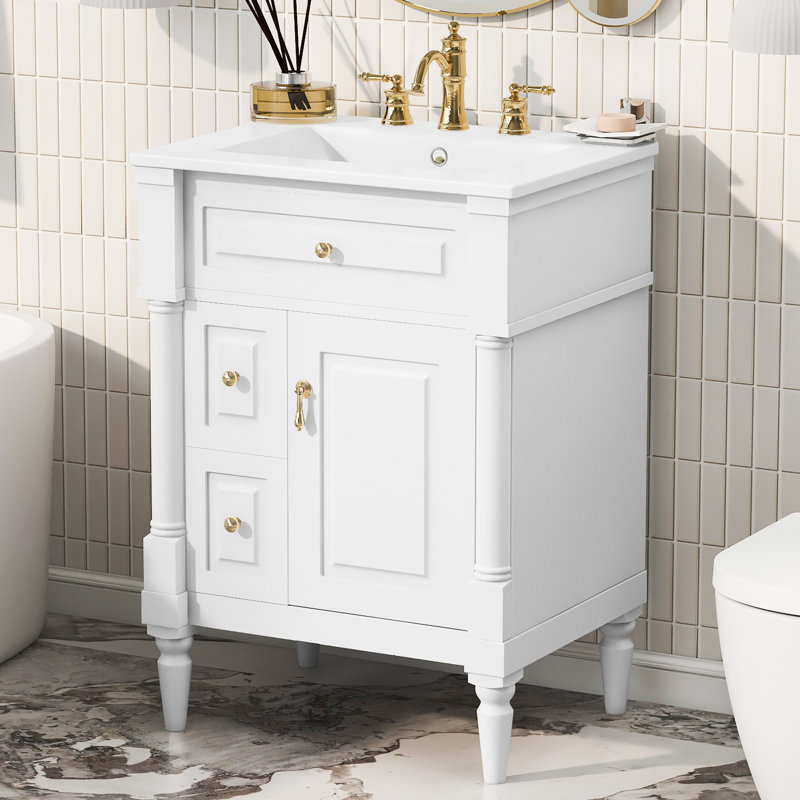 Xavelle 24 Inch Modern Bathroom Vanity with Elegant Ceramic Sink and Solid Rubberwood Frame, White, 24inch