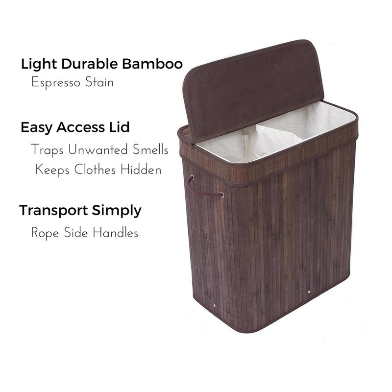 Espresso Bamboo Double Laundry Hamper with Lid and Cloth Liner