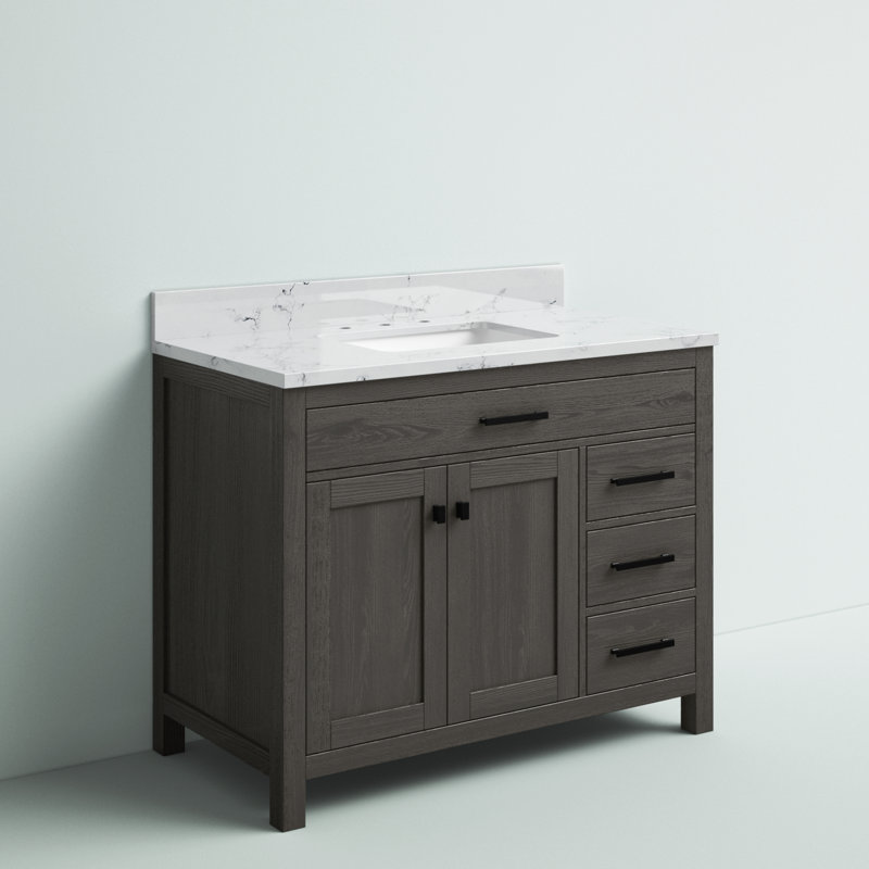 Ensemble de meuble-lavabo simple 42 po Ajiya, Gris texturé / noir mat, Blanc de Carrare