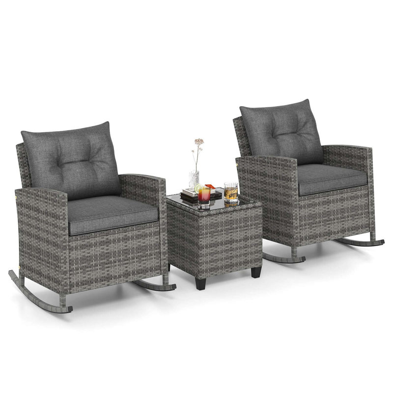 Ensemble de 3 chaises berçantes en osier de patio avec table en verre trempé et coussins doux d'extérieur, Gris, Gris