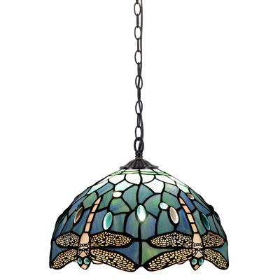 Tiffany Pendant Light Plug in Stained Glass Hanging Lamp Wide 12 Inch, Chain 33 Inch, Cord 15 Feet -Sea Blue Dragonfly