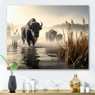 «Gray Buffalo Misty Morning Grazing I», reproduction d'art sur toile