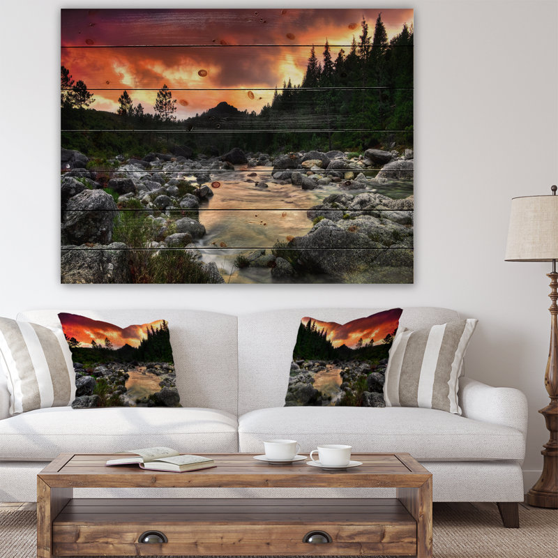 «Rocky Mountain River at Sunset», photographie, H 30 po x l 40 po x P 1,5 po, Bois