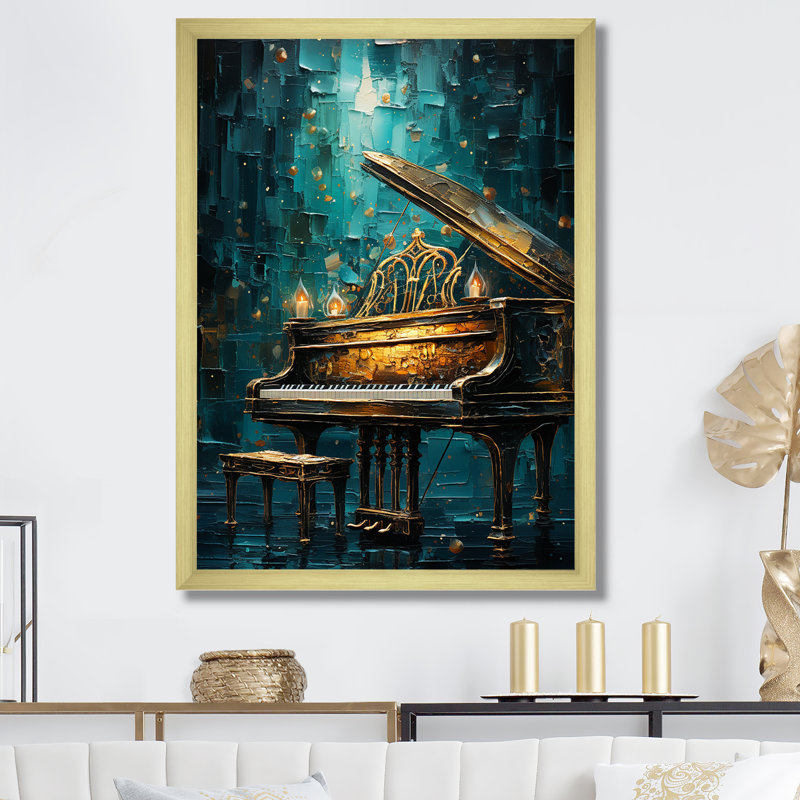 Reproduction d'art sur toile, "Blue Piano", Cadre doré simple, H 32 po x l 16 po x P 1 po